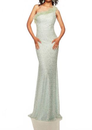Alyce Paris Feathered Asymmetric Neck Prom Gown In Sea Foam