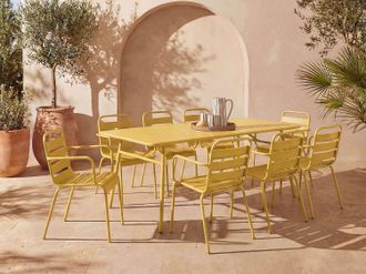 Vente-Unique Sala da pranzo da giardino un tavolo L.200 cm e 8 poltrone impilabili in Metallo Giallo senape - MIRMANDE di MYLIA