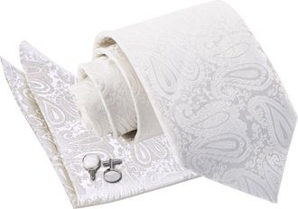 DQT Men Paisley Floral Patterned Wedding Standard Neck Tie, Pocket Square & Cufflinks Set - Ivory