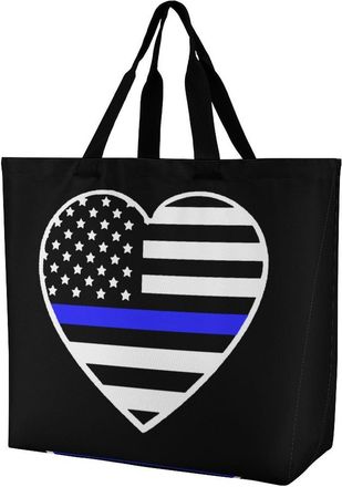 Generic Police U.S. Flag Large Reusable Shopping Bag Lightweight Foldable Tote Bags Washable Shoulder Handbag