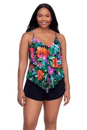 Trimshaper Ronnie 2 Tier Ruffle Plus Size Tankini Swimsuit Top in Lush Paradise at Nordstrom, Size 12