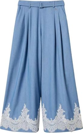 Twinset Palazzo Broek met Kant en Riem - Dames - Wijde Broeken - Blauw - S - Broeken