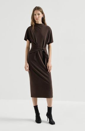 Brunello Cucinelli Techno wool jersey wrap belt dress with monili in Coffee at Nordstrom, Size X-Small Eu