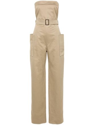 Saint Laurent Strapless katoenen jumpsuit met ceintuur - Beige