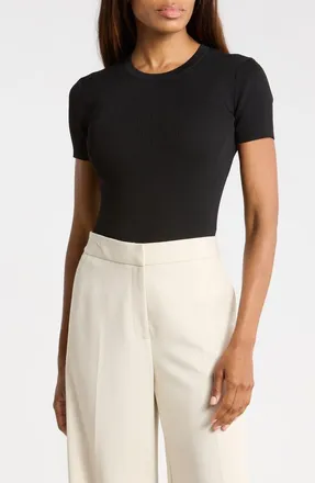 T Tahari Short Sleeve Crewneck Ribbed T-Shirt in Black at Nordstrom Rack, Size X-Small
