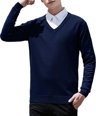 Generic Men Black V Neck Jumper Solid Color Classic Fit Long Sleeve Knit Sweater Pullovers Soft Comfy Knitwear Clothing Top Plus Size BU1,XL