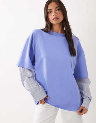 Lioness T-shirt oversize 2 in 1 con sovrapposizione e camicia a righe a maniche lunghe in blu fiordaliso