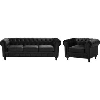 Beliani Living Room Set 4 Seater CHESTERFIELD Velvet Black