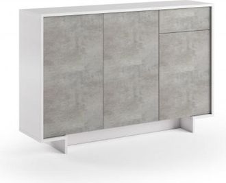 Terraneo Aparador Frame Slim De 3 Puertas Con Caj&oacute;n Push-to-open, Blanco Y Hormig&oacute;n, 134x35x87 Cm - Terraneo