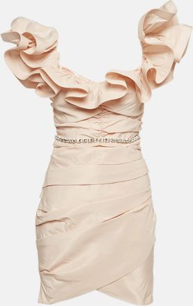 Elisabetta Franchi Pink Ottoman Taffeta Ruffled Off-Shoulder Mini Dress