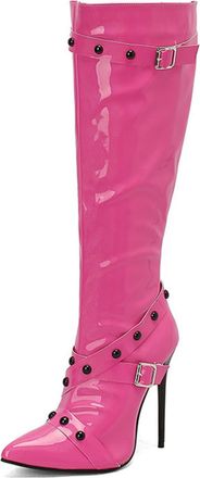 Generic Womens Patent Leather Knee High Boots with Rivet Pointed Toe Long Boots with Side Zipper Stiletto High Heel Party Prom Shoes,Fuchsia,9.5 UK