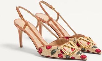 Valentino Garavani Décolleté Slingback Vlogo Signature In Rafia Jacquard Con Motivo Cherryfic 80Mm Donna NATURALE/ROSSO 35.5