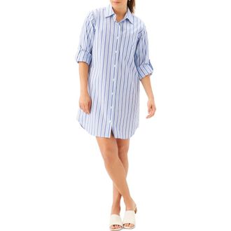 Karen Kane Stripe Long Sleeve Cotton Blend Shirtdress in Blue at Nordstrom, Size X-Large