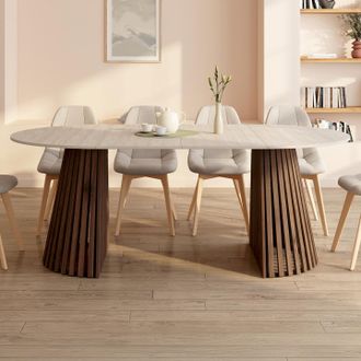 IDMarket Carmen Mesa De Comedor Redonda Extensible 4-10 Personas Con Patas De Listones De Nogal Y Tablero Efecto Travertino 110-200 Cm