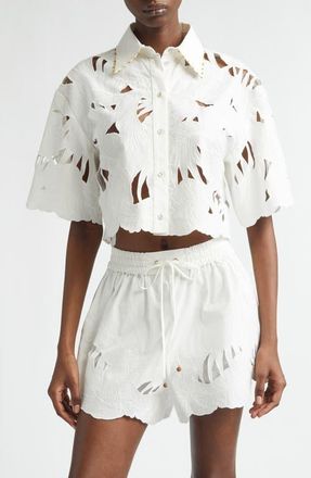 Zimmermann Mahon Embroidered Cotton Crop Shirt in Ivory at Nordstrom, Size 1