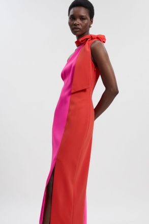 Karen Millen Womens Petite Soft Tailored Colour Block Bow Tie Neck Midi Dress - Red - Size 14 UK