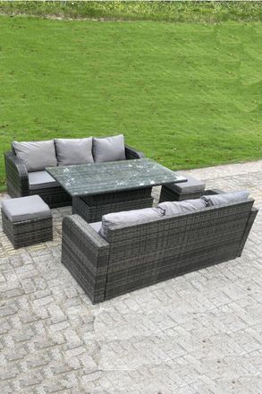 Fimous Outdoor Rattan Sofa Set Dining Table Height Adjustable Rising lifting Table Lounge Sofa Small Footstools 8 Seater in Dark Grey