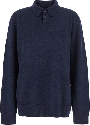 Maison Margiela Blue Polo Shirt With Classic Collar And Suede Patch On The Back In Wool Woman