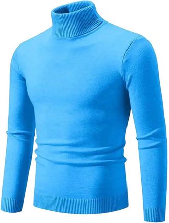 Generic Mens Soft Versatile Long Sleeves High Neck Sweater Solid Warm Casual Woolen Sweaters Sky Blue
