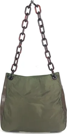 Prada Brown Khaki Leather Nylon Shoulder Bag Tote Bag (Pre-Owned)