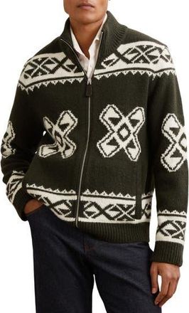 Reiss Hans Pattern Zip-Up Cardigan in Forest Green at Nordstrom Rack, Size X-Large