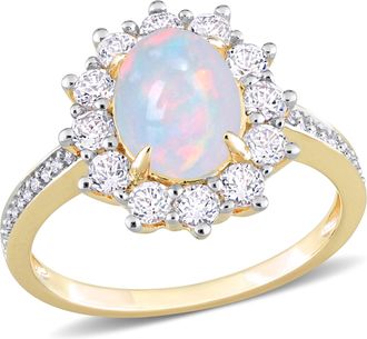 Mimi & Max 2 1/6 CT TGW Oval Shape Blue Ethiopian Opal and White Topaz and 1/10 CT TW Diamond Halo Ring in Yellow Plated Sterling Silver
