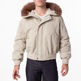 Burberry Natural Faux Fur Trim Cotton Bomber Jacket, Size Medium