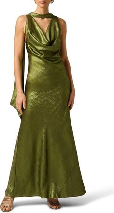 Adrianna Papell Drape Foil Chiffon Sleeveless Gown in Dark Olive at Nordstrom, Size 16