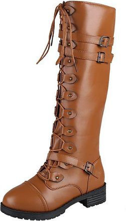 Generic Womens Knee High Boots Side Zipper Lace Up with Belt Buckle Shoes Mid-Calf Ladies Military Combat Boots Casual Thick Heels Cowboy Boot Retro Comfortab