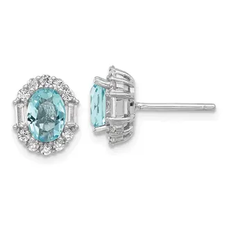 Diamond2Deal Sterling Silver Rhodium-plated Blue & White and Emerald-cut CZ Oval Stud Earrings