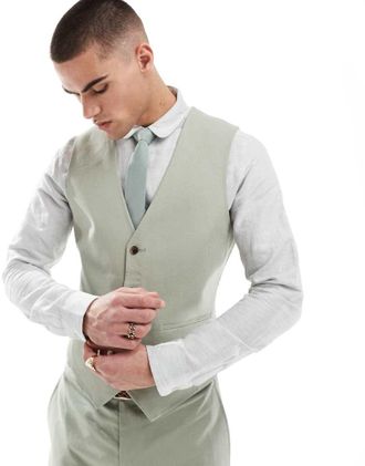 Asos Gilet da abito slim in misto lino verde salvia