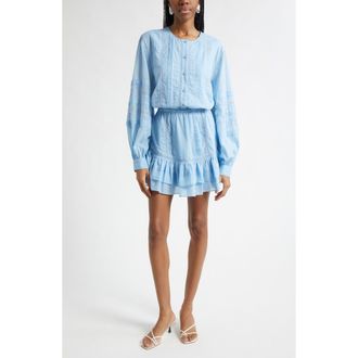 Ramy Brook Arabella Lace Inset Long Sleeve Cotton Minidress in Bazaar Blue at Nordstrom, Size Xx-Small
