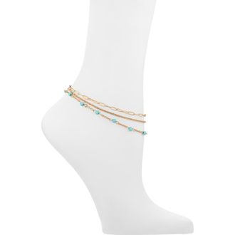 BP. Set of 3 Assorted Station Bead & Chain Anklets in Gold- Turquoise at Nordstrom