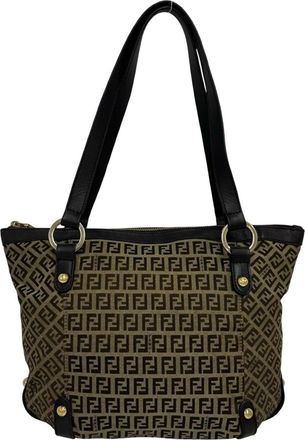 Fendi Beige Brown Canvas Leather Handbag Shoulder Bag Tote Bag (Pre-Owned)
