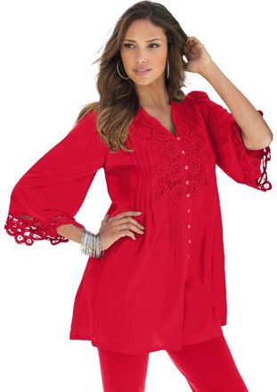Roaman's Plus Size Juliet Lace Trim Button Down Shirt in Vivid Red at Nordstrom, Size 44