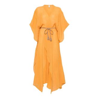 120% Lino 120% Lino, Kimonos, female, Orange, Size: ONE SIZE Long Linen Dress