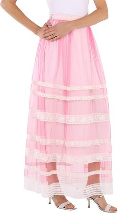 Burberry Ladies Bright Pink Floral Lace-trim Tulle Maxi Skirt, Brand Size 6 (US SIze 4)