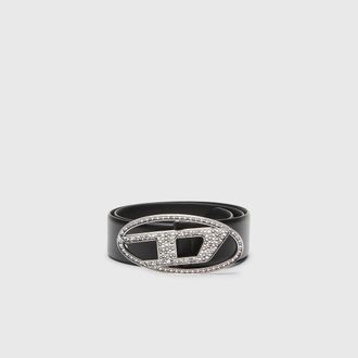 Diesel 4cm Leather belt with crystal buckle - Belts - Woman - Black