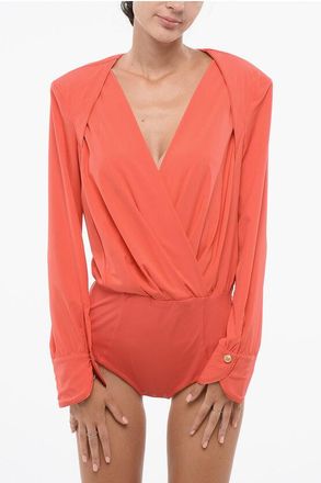 Elisabetta Franchi Draped Bodysuit with Deep Neckline size 48