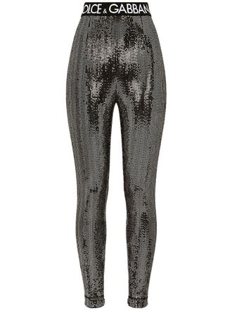 Dolce & Gabbana logo-waistband sequin-embellished leggings - women - Elastane/Nylon/Polyester/Rayon - 40 - Silver