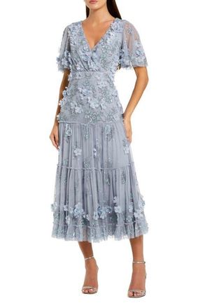 Mac Duggal Floral Embellished Flutter Sleeve Dress in Powder Blue at Nordstrom, Size 16