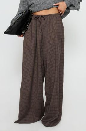Princess Polly Bungala Drawstring Wide Leg Pants in Brown Check at Nordstrom, Size 2