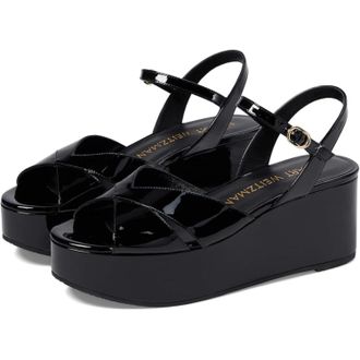 Stuart Weitzman Carmen MIDI Sandals Women Black Ankle Strap Wedge GAL1856