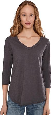 Mod-o-doc 3/4 Sleeve V-Neck T-Shirts with Curved Hem Womens Clothing Washed Ebony1 : LG (US 12-14), Cotton