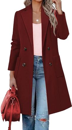 Generic Wool Pea Coats for Women Women Winter Wool Blend Camel Mid-Long Coat Notch Double-Breasted Lapel Jacket Outwear