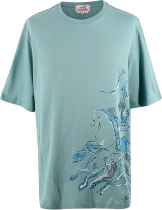 Herm&egrave;s Teal Horse Print T-Shirt Size XL