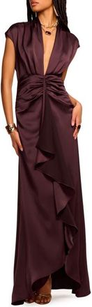 Ramy Brook Catrin Plunge Neck Center Ruched Satin Gown in Blackberry at Nordstrom, Size 12
