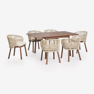 Sklum Set da tavolo estensibile 100-160x100 cm Karvia e 6 sedie da giardino in legno di acacia e corda intrecciata Capri SKLUM