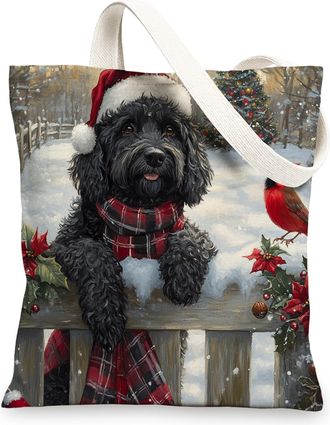 Generic Christmas Portuguese Water Dog Canvas Tote Bag for Shopping 13x15, Xmas Farmhouse Cardinal Puppy Reusable Grocery Print Bag for Women, Holiday Pet Bea