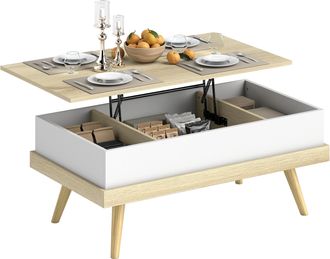 OEM Mesa De Centro Elevable Con 3 Compartimientos De Almacenaje Ocultos Y Patas De Madera 100x79x54 Cm Natural Y Blanco